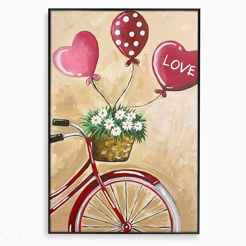Tablou canvas cu pictura cu bicicleta vintage si baloane, in rama de aluminiu negru
